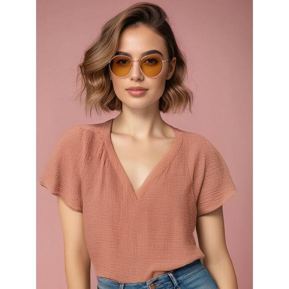 Olive & Oak Women's Medium Pink V-Neck Textured Blouse Short Sleeve Casual Top - Picture 1 of 6